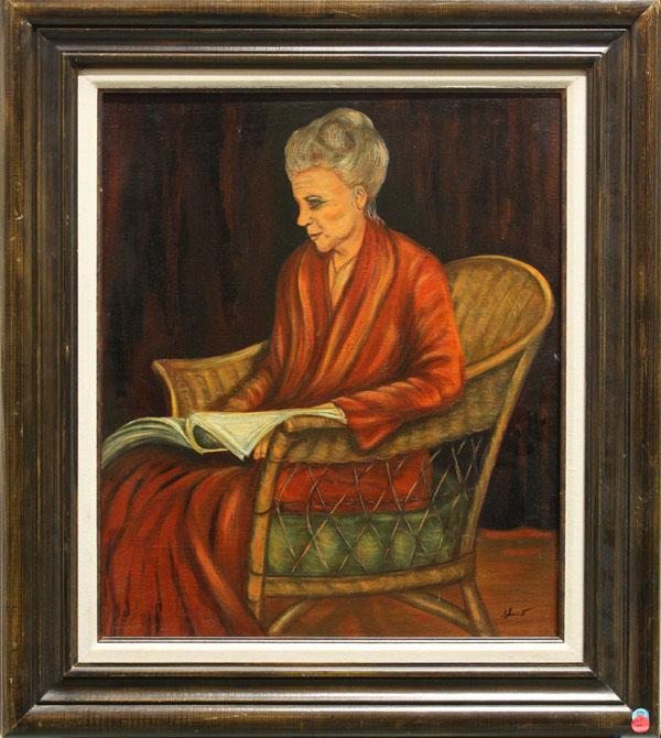 Painting, after Juan Soriano, Woman Reading: Framed oil on canvas, Portrait of a Woman Reading, after Juan Soriano (Mexican, 1920-2006), signed lower right, overall: 32.25''h x 28.25''w