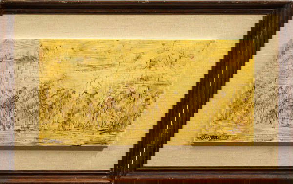 Mixed media, Pascal Cucaro, Crowd Scene: Framed mixed media on board, Scene with Figures, by Pascal Cucaro (Californian, 1915-2004), signed lower left, overall: 20.5''h x 33''w