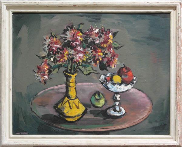 Painting, Lundy Siegriest, Still Life: Framed oil on canvas, Still Life with Fruit and Flowers, by Lundy Siegrist (California, 1925-1985), signed ''Lundy Siegriest'' lower left, sight: 21.5''h x 27.5''w, overall: 25.625''h x 31.75''w