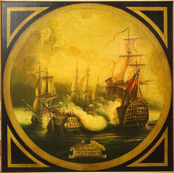 Painting, Marine Scenes, Eckersberg, Mayer: (lot of 2) Framed oils on board, ''A Trip to Charlottenlund,'' in the manner of Christoffer Wilhelm Eckersberg (Danish, 1783-1853), unsigned, gallery label affixed verso; Le Redoutable at the Battle o