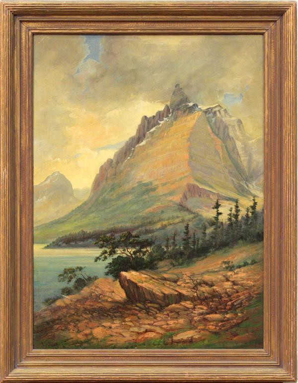 Painting, Robert Sudderth, Mountain Landscape: Framed oil on canvas, Mountain Landscape with Heavy Clouds, 1933, by Robert E. Sudderth (California, early 20th century), signed and dated ''E Sudderth '33'' lower left, sight: 30''h x 22''w, overall: