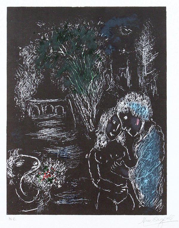 Lithograph, Anthony Tetro, after Marc Chagall: Framed color lithograph, ''The Green Tree with Lovers,'' by Anthony Tetro after Marc Chagall (Russian/French, 1887 - 1985), bears signature ''Marc Chagall'' lower right, embossed ''AT'' stamp (Anthony