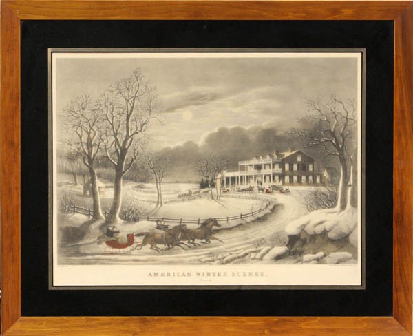 Lithograph, Nathaniel Currier, American Winter: Framed hand-colored lithograph, ''American Winter Scenes. Evening,'' 1854, by Nathaniel Currier (American, 1813-1888), image: 16.5''h x 24''w, sight: 18.5''h x 24.5''w, overall: 26.75''h x 32.75''w