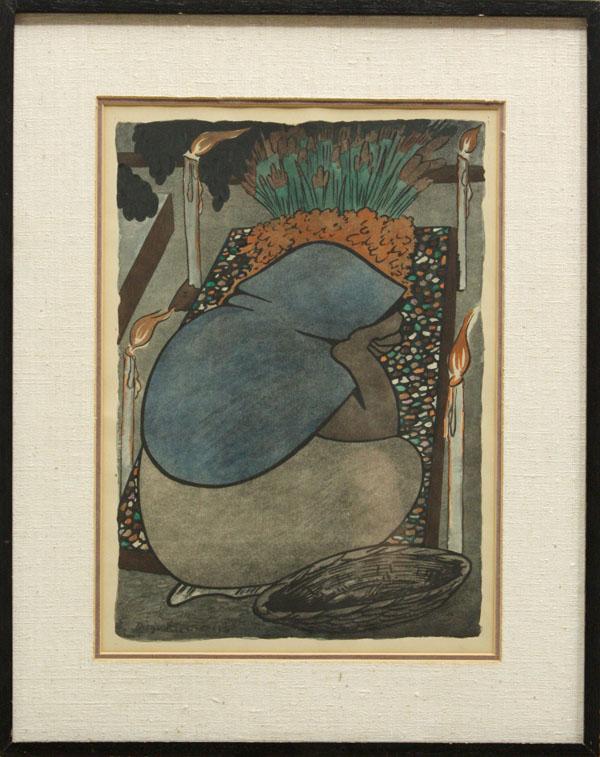 Print, after Diego Rivera,: Framed handcolored offset print, Grieving Woman, after Diego Rivera (Mexican, 1887-1959), printed signature and date lower left, sight: 16''h x 11.5''w, overall: 22.5''h x 18''w