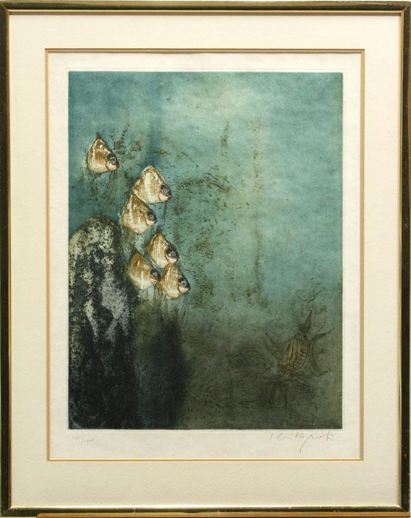 Etching, Kaiko Moti, School of Fish: Framed color etching and aquatint, A School of Fish, by Kaiko Moti (Indian, 1921-1989), pencil signed lower right, edition numbered lower left, overall: 31''h x 24.75''w