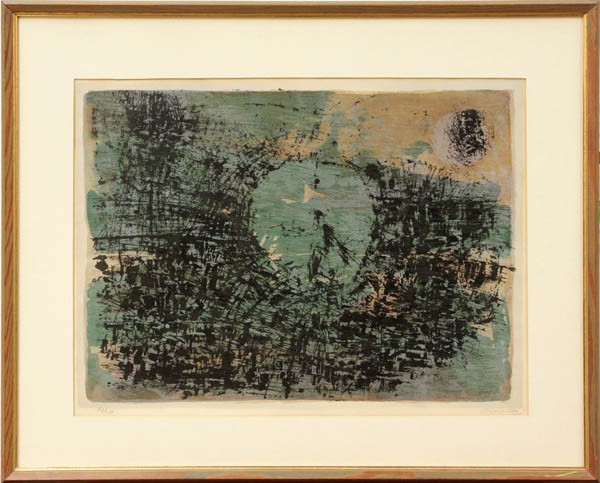 Print, Corneille, Heures tardives: Framed color lithograph, ''Heures tardives'' (Sunset), by Corneille (Guillaume Cornelis van Beverloo) (Dutch/Belgian, b. 1922), pencil signed ''Corneille'' lower right, edition 69/120, titled and insc