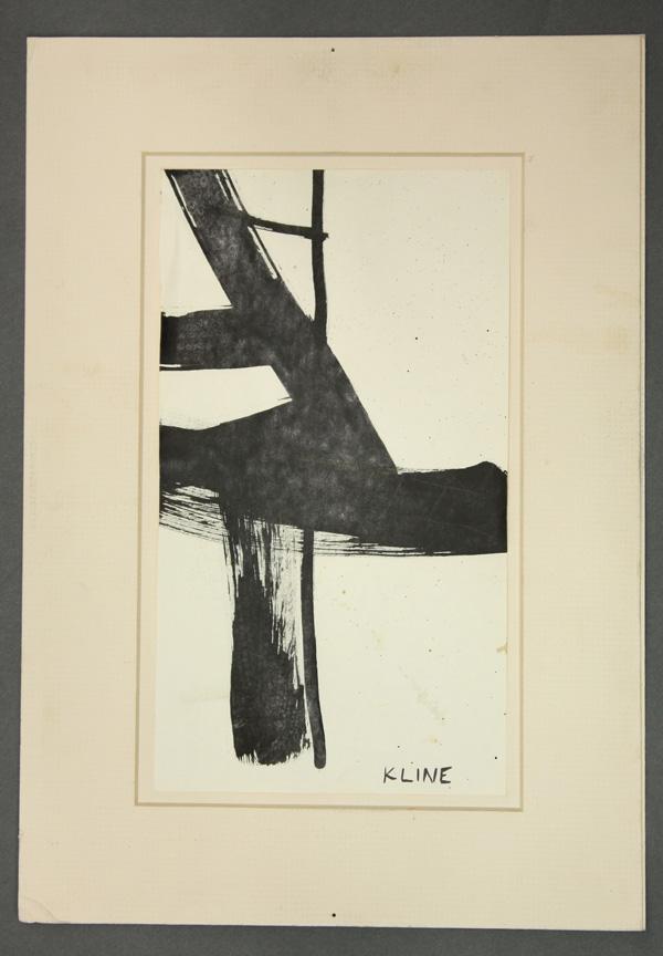 Ink, manner of Franz Kline, Abstract: Unframed matted ink on paper, Abstract, in the manner of Franz Kline (New York, 1910-1962), bears signature ''Kline'' lower right, mat: 13.375''h x 9.4''w