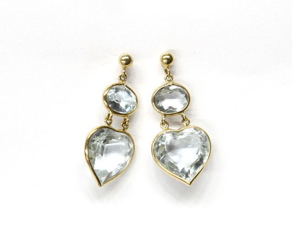 Topaz earring pendants: Topaz beryl ear pendants; set with (2) pale blue topaz hearts and (1) each oval pale topaz and beryl. Total weight 5.6 grams