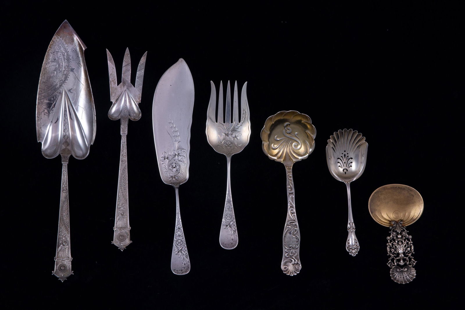 A (lot of 9) Aesthetic Movement or Art Nouveau sterling (1 of 3)