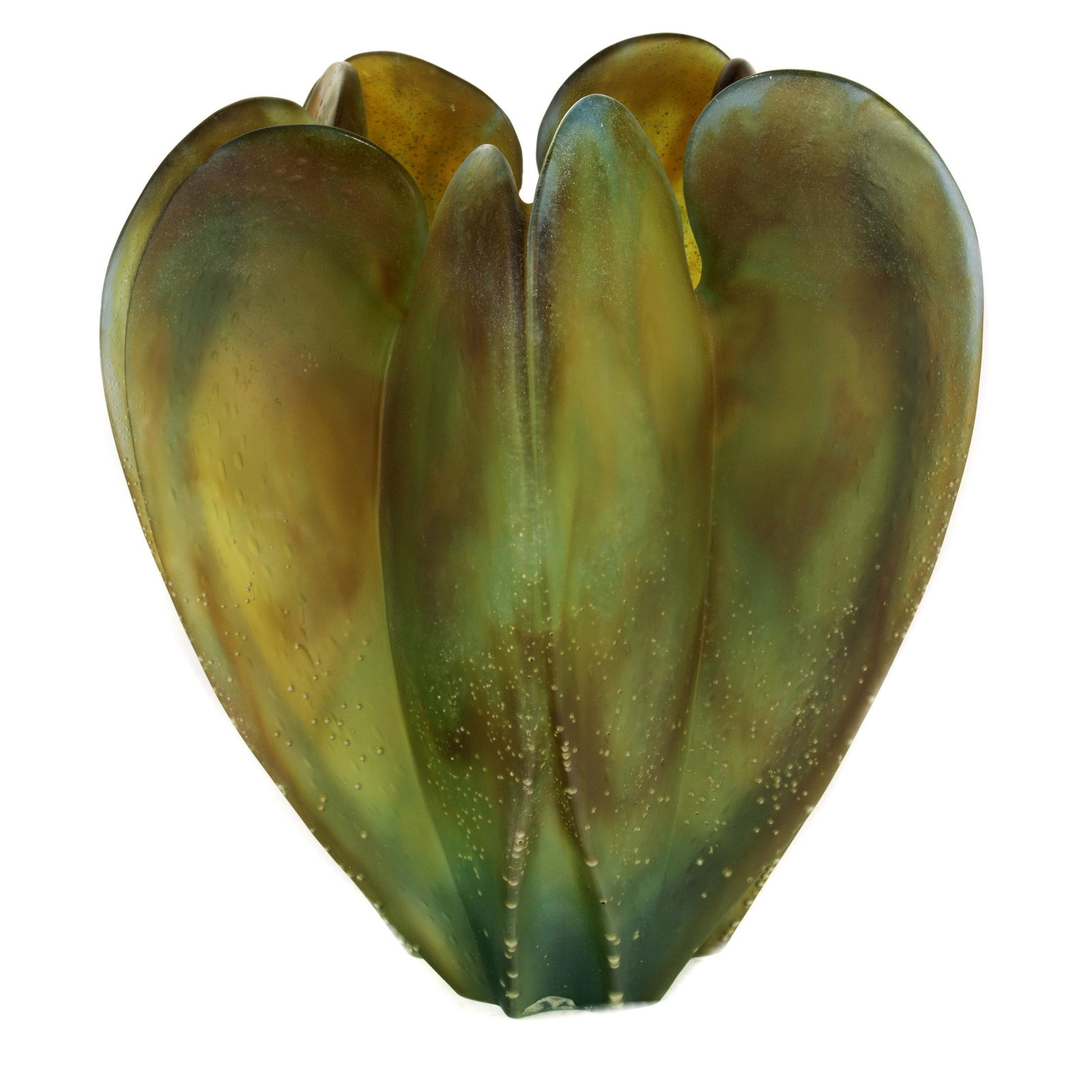 Daum France glass pate de verre "lov'orchid" vase: Daum France glass pate de verre "lov'orchid" vase, executed in green to amber shades, etched signature to underside, 12"h