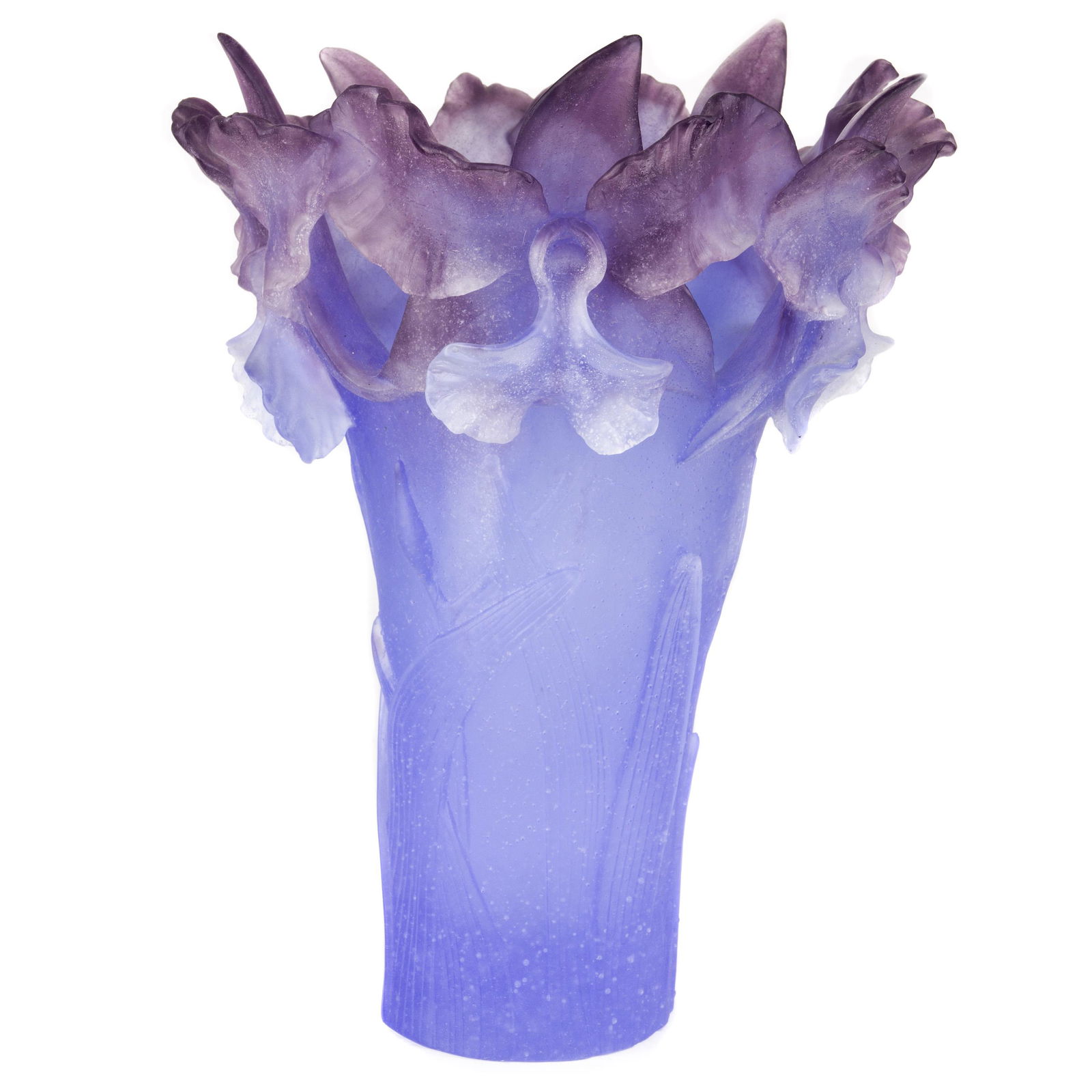 Daum France pate de verre Orchid vase: Daum France pate de verre Orchid vase, executed in pink to light blue, with etched signature on base, 12"h