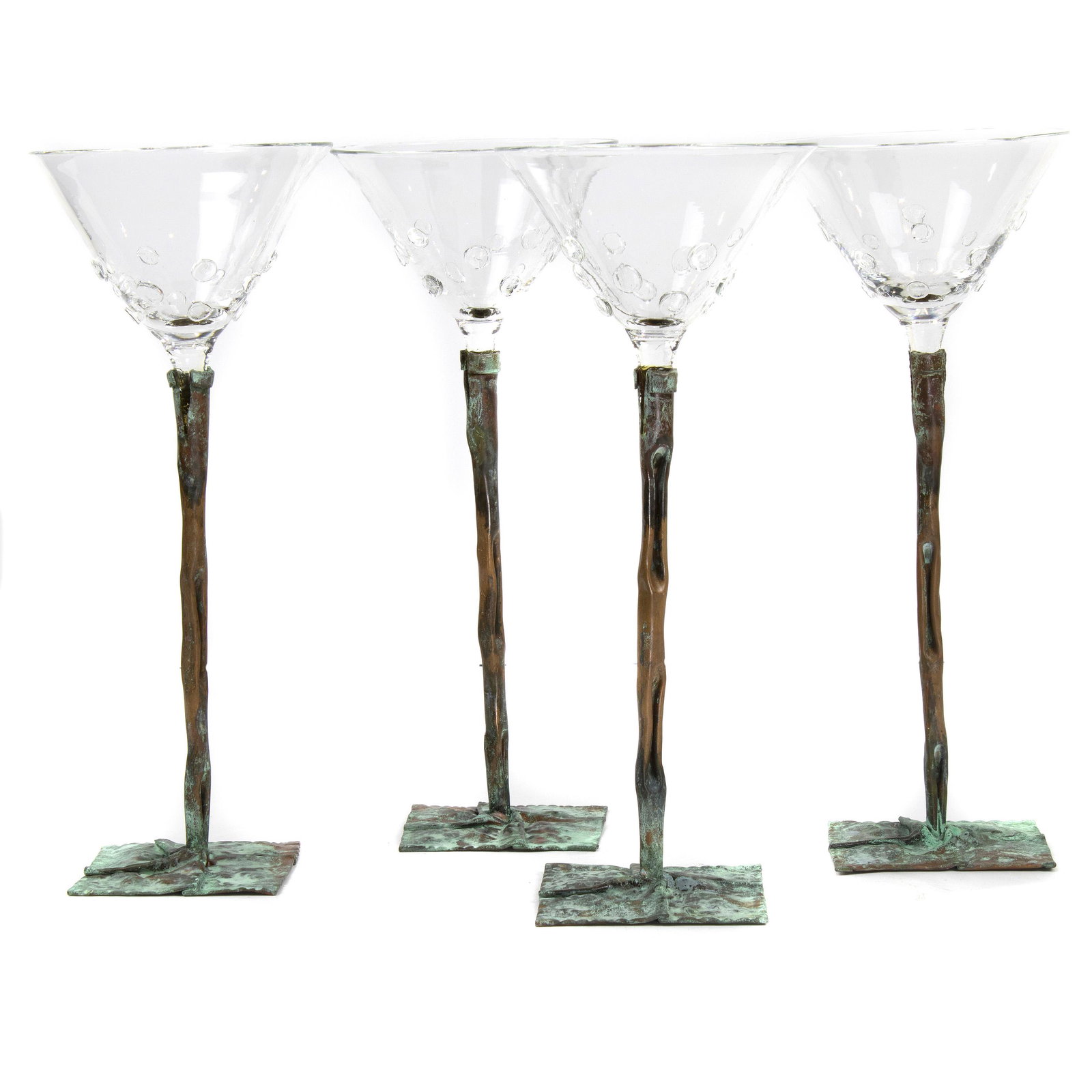 (lot of 4) Martini glasses by Bohuslav Horak for: (lot of 4) Martini glasses by Bohuslav Horik for Anthologie Quartett, applied glass nodule at base of glass bowl, rising on a patinated metal base, 11"h