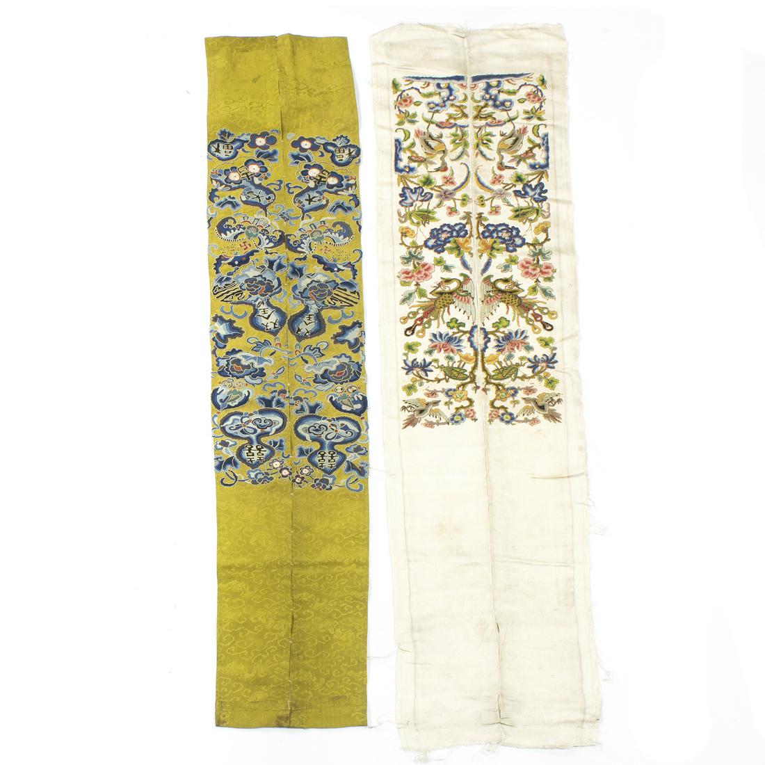 (2) pairs of Chinese embroidered sleeve bands: (2) pairs of Chinese embroidered sleeve bands, comprising a pair decorated with birds, insects and flowers on a beige ground and a pair decorated with bats, butterflies and double gourds on a yellow g