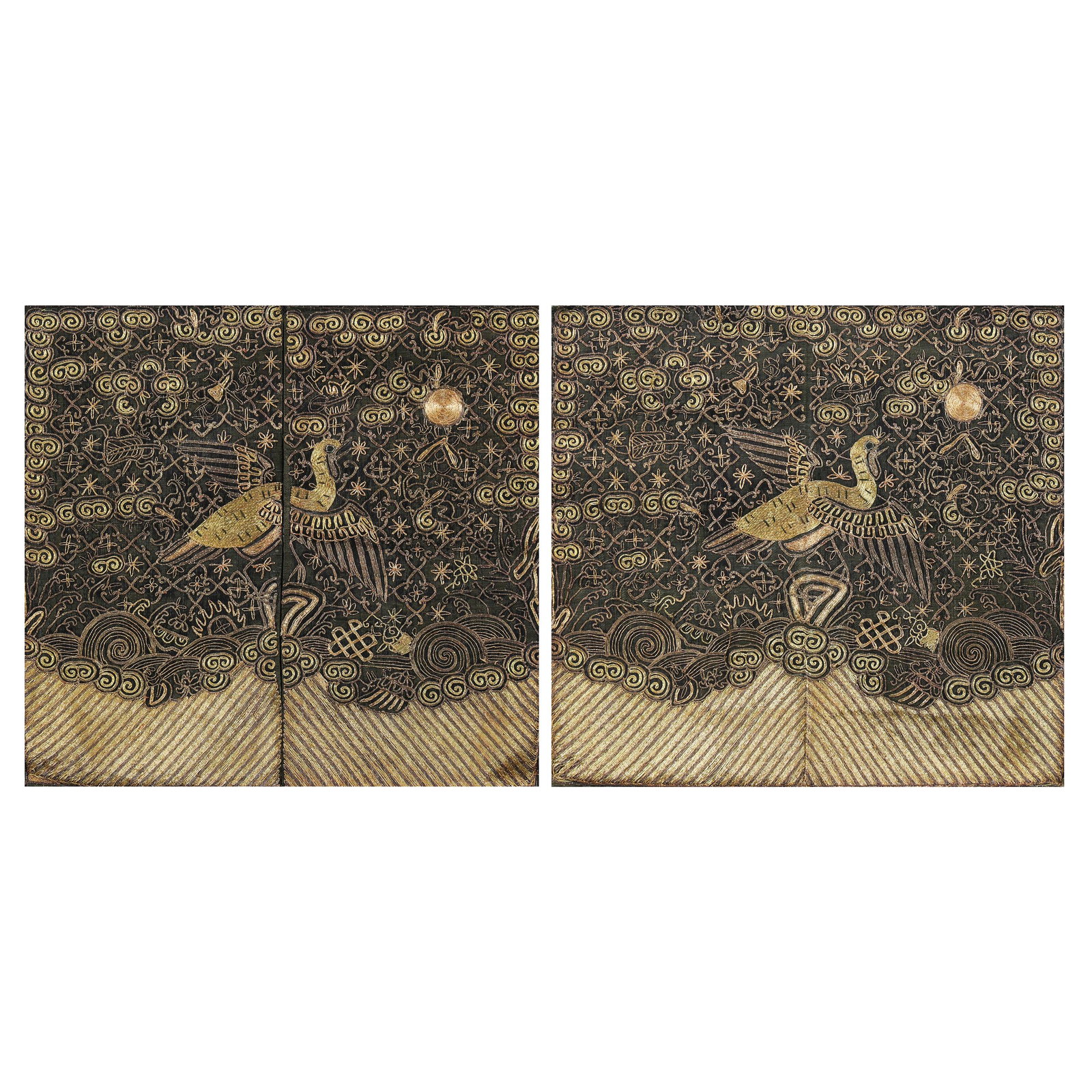 Pair of Chinese embroidered and gilt wrapped rank: Pair of Chinese embroidered and gilt wrapped rank badges, each depicting the wild goose of the fourth civil rank in perched on a rock and facing the sun amid the Eight Buddhist Emblems, clouds and wav