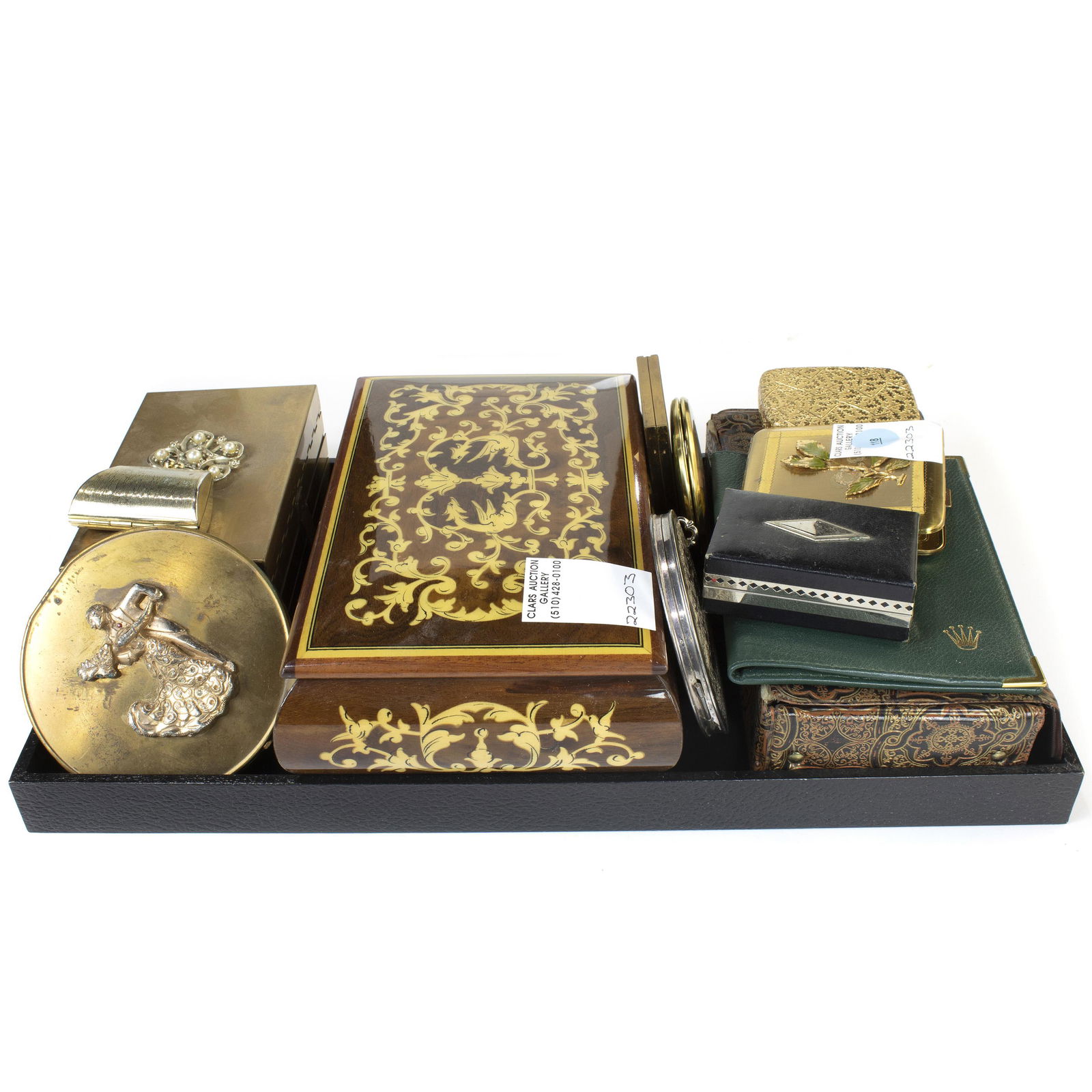 (lot of 11) Decorative boxes and compacts, including an: (lot of 11) Decorative boxes and compacts, including an Italian inlaid music box; rhinestone mounted gilt metal folding jewelry box; (6) compacts, etc