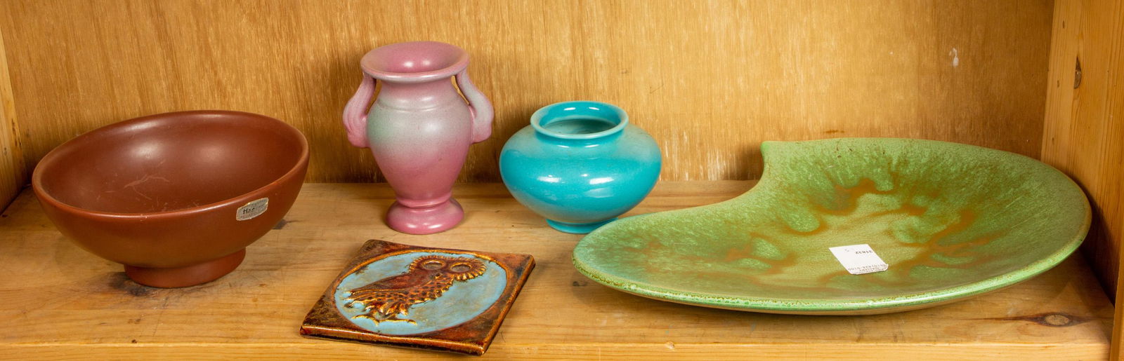 (Lot of 5) Rookwood turquoise vase; Niloak urn; Pigeon (1 of 1)