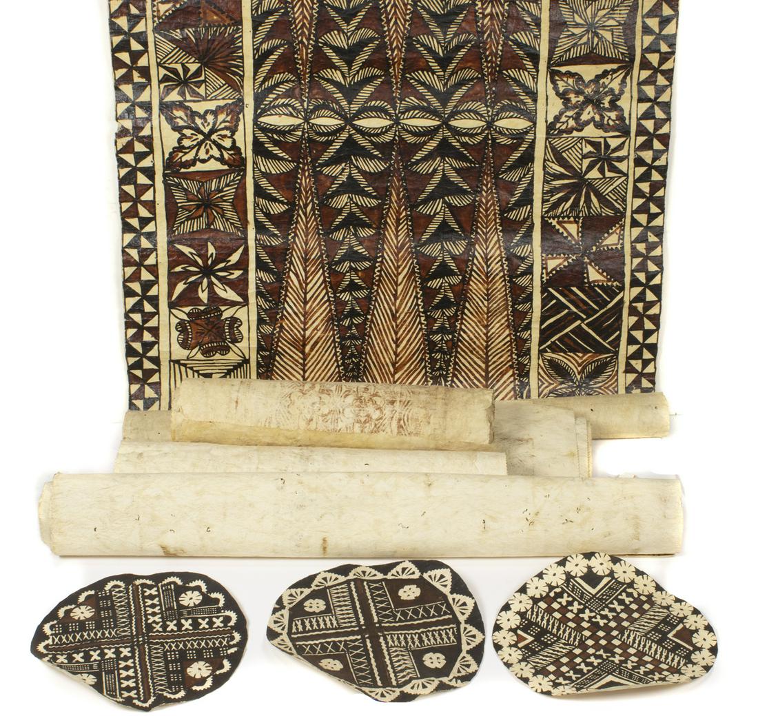(lot of 8) Five Polynesian tapa cloths and (3) circular: (lot of 8) Five Polynesian tapa cloths and (3) circular roundels, each having a geometric design, the largest 52"h x 37"w