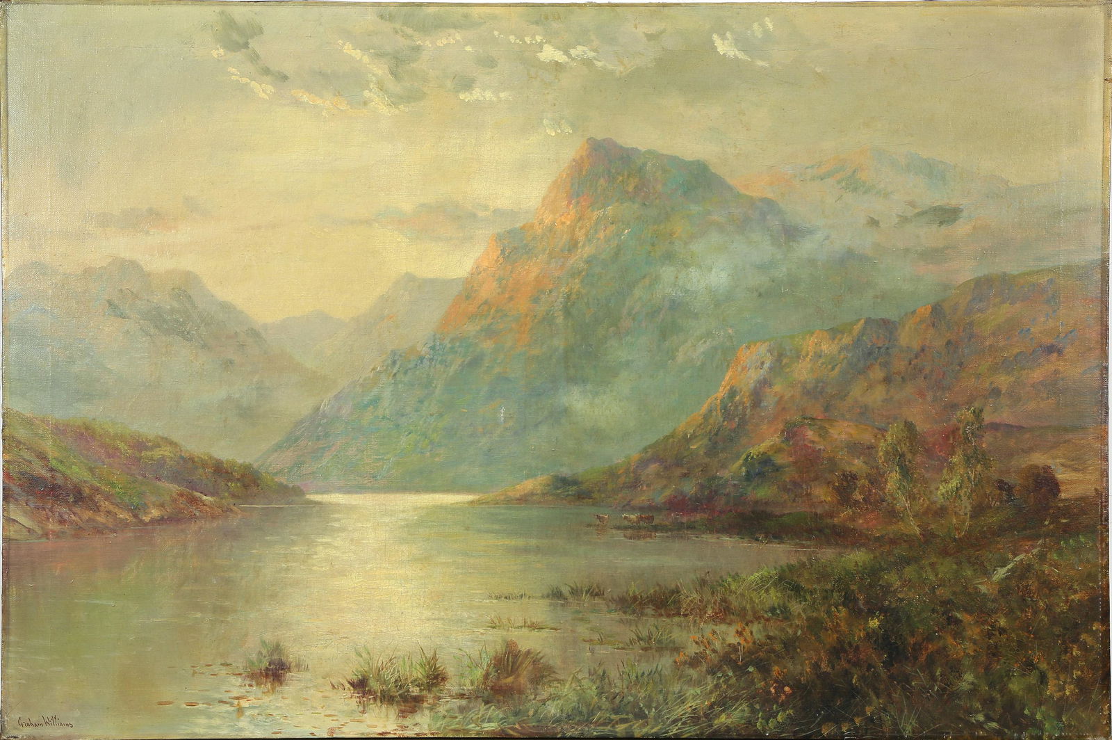 Painting, Francis E. Jamieson: Francis E. Jamieson, (British, 1895-1950), Scottish Loch Scene at Sunset, oil on canvas, signed "Graham Williams" (pseudonym), canvas (unframed): 24"h x 36"w