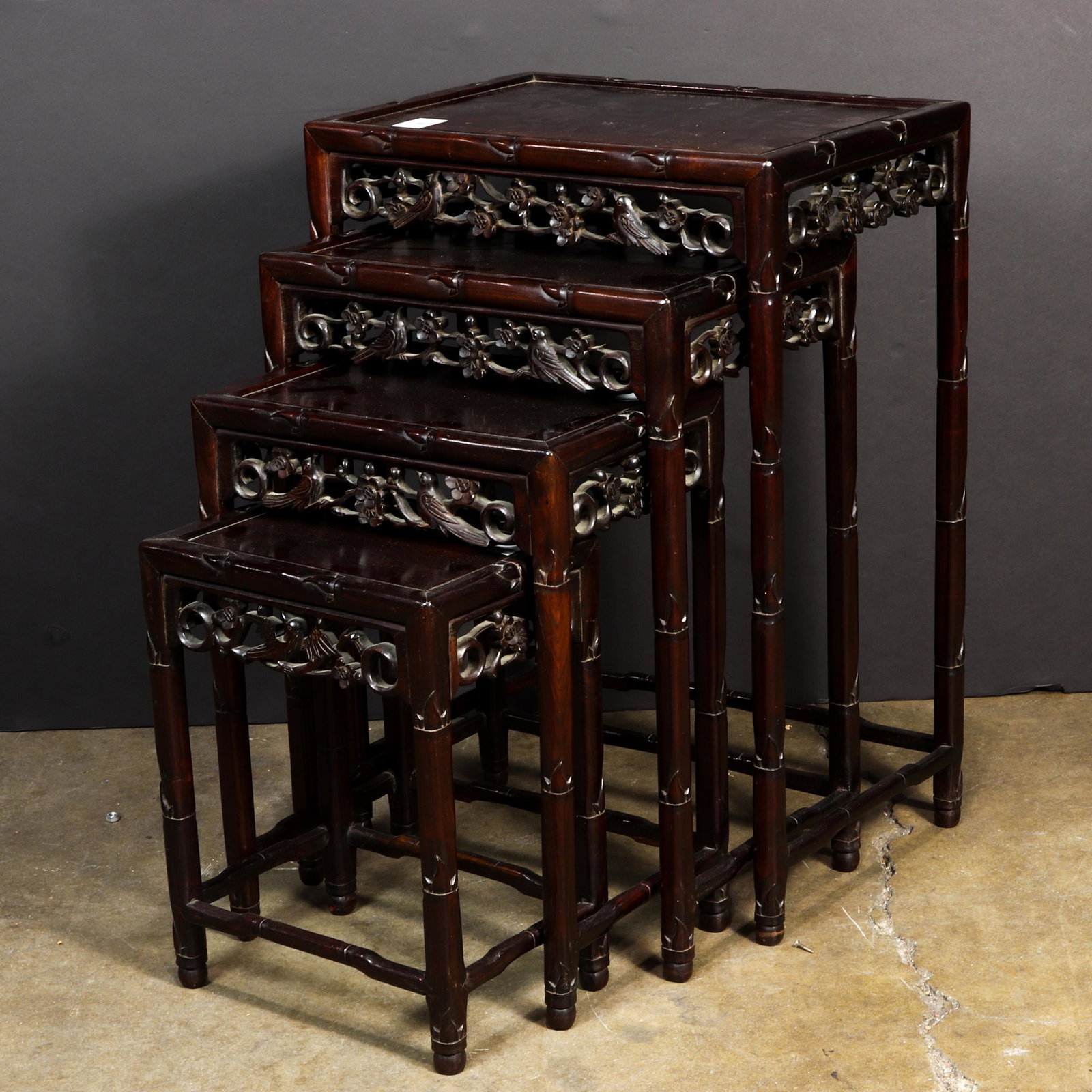 Set of four Chinese hardwood nesting stands: Set of four Chinese hardwood nesting stands, largest 28" x 20" 14".