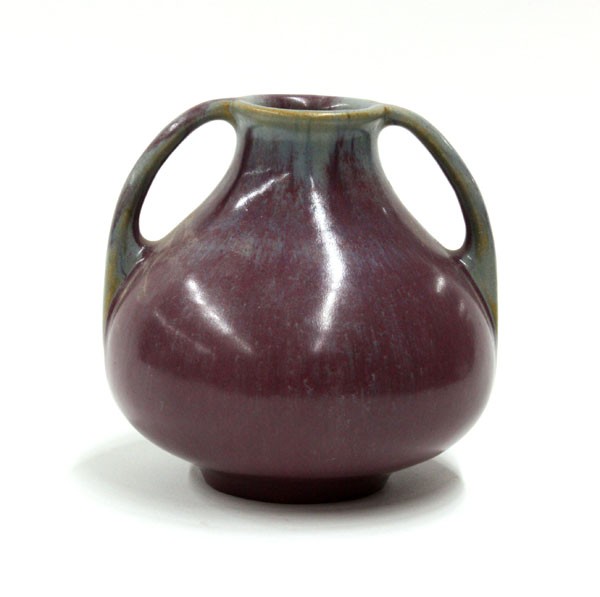 Fulper art pottery vase: Fulper handled art pottery vase, the bulbous form with a multi-color glaze from light blue to lilac, signed on base 5.75''h x 6''w