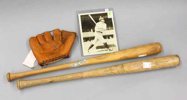 Baseball articles: (lot of 4) Group of baseball articles including a Babe Ruth photograph 10''h x 8''w, a MacGregor G119 autograph model baseball glove, a Hillerick & Bradsby Babe Ruth model San Jose State bat, with a S