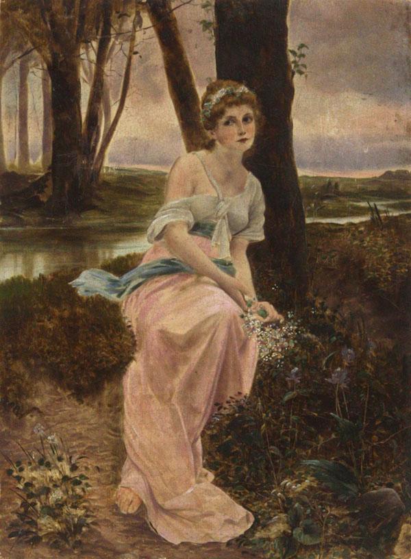 Painting, Girl in Pink Dress Sitting Under a Tree: Unframed oil on board, Girl in a Pink Dress Sitting Under a Tree, Continental School, inscribed indistinctly verso, overall: 10''h x 7.5''w