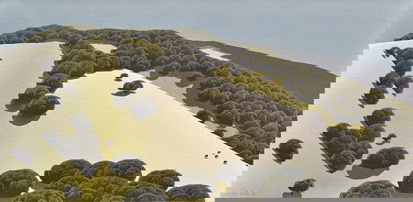 Painting, Eyvind Earle, High Noon, Landscape, Hil: Framed oil on board, ''High Noon,'' 1969, by Eyvind Earle (New York/California, 1916-2000), signed and dated ''Eyvind Earle '69'' lower left, sight: 14.5''h x 29.375''w, overall: 27.5''h x 42.5''w