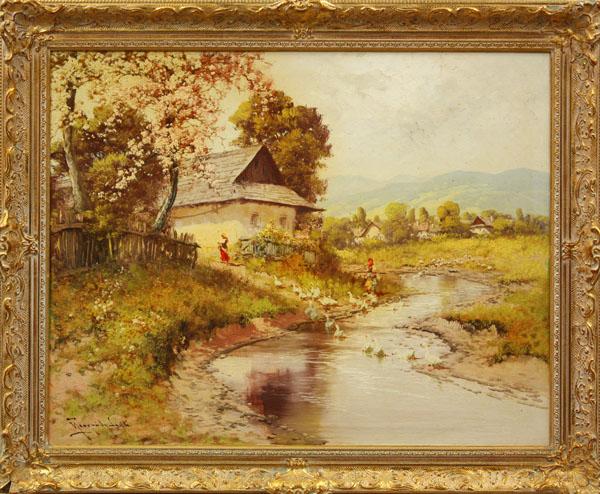 Painting, Laszlo Neogrady, Girls with Geese: Framed oil on canvas, Girls with Geese, by Laszlo Neogrady (Hungarian, 1896-1962), signed ''Neogrady Laszlo'' lower left, sight: 23.5''h x 29.5''w, overall: 29.5''h x 35.5''w