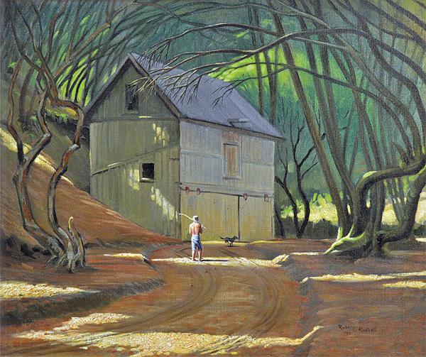Painting, Robert Rishell, American Heritage: Framed oil on canvas, ''American Heritage,'' 1949, by Robert Clifford Rishell (California, 1917-1976), signed and dated ''Robt. C. Rishell 1949'' lower right, labels affixed verso, sight: 21.25''h x 2