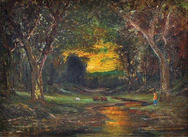 Painting, William Keith, Cattle Grazing by River: Framed oil on canvas, Cattle Grazing by a River at Sunset, by William Keith (California, 1838-1911), signed ''Wm Keith'' lower left, sight: 17.35''h x 23.625''w, overall: 26.5''h x 32.75''w