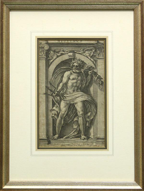 Engraving, after da Caravaggio, Neptune: Framed engraving, Neptune, after Polidoro da Caravaggio (Italian, c.1497-1543), published by Antonius Carenzanus (Rome 1613), sight: 13.25''h x 8''w, overall: 24''h x 18''w