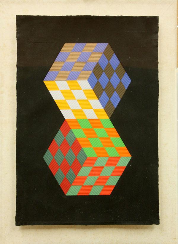 Print, Victor Vasarely, Torowy: Framed color screenprint with embossing, ''Torowy,'' by Victor Vasarely (French/Hungarian, 1908-1997), unsigned, edition #136, label affixed verso, sheet: 36.5''h x 24.75''w, overall: 43.5''h x 31.5''