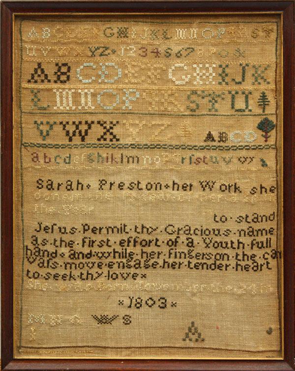 Framed sampler dated 1803: Framed sampler, having multiple rows of upper and lower case alphabet, and numbers 1 - 10, by Sara Preston, dated 1803, overall 13.75'' x 11''