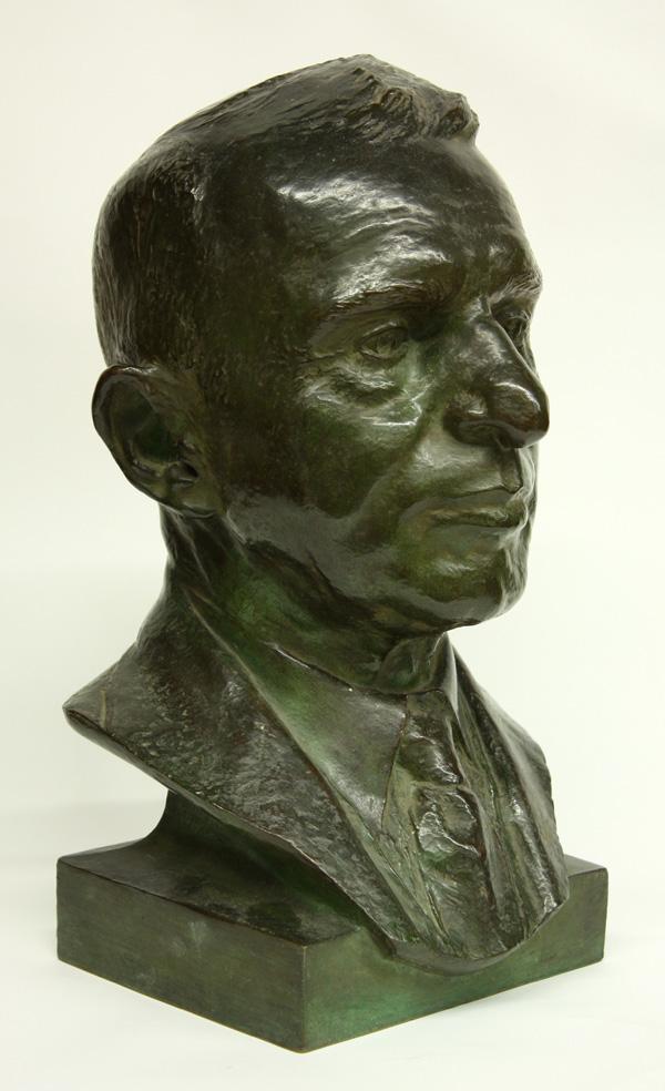 Bronze, Alice Cooper, Bust of Iowa Governor: Bronze sculpture, ''Bust of Iowa Governor, Frank D. Johnson,'' by Alice Cooper (American, 1888-1937), signed ''Alice Cooper'' back base, foundry mark ''Roman Bronze Works, NY'' lower back base, overal