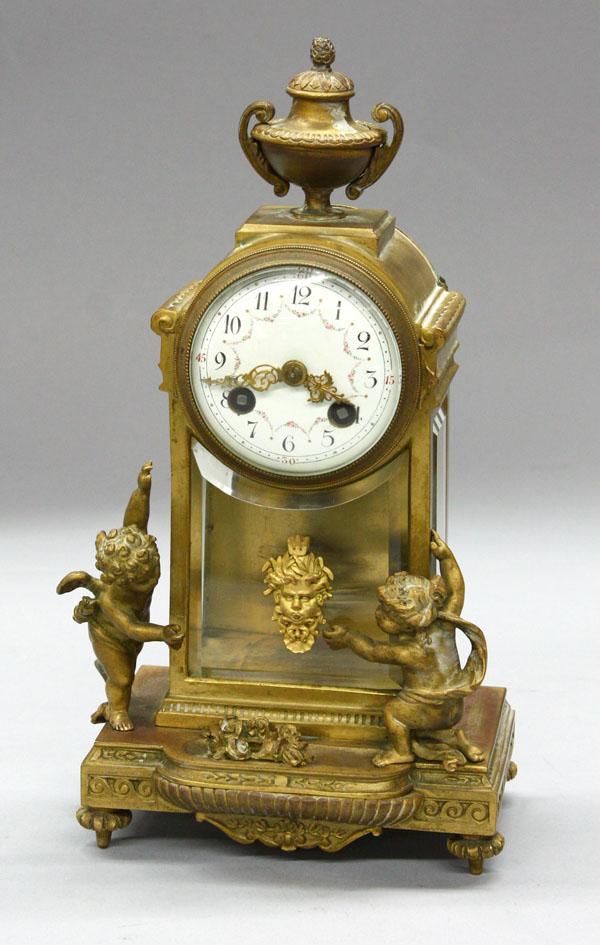 French crystal regulator Medaille d' Argent mantl: French crystal regulator Medaille d' Argent mantle clock, having a gilt case with beveled glass, the porcelain dial with hand painted flowers, the movement stamped with ''Medaille D' Argent'' stamp an