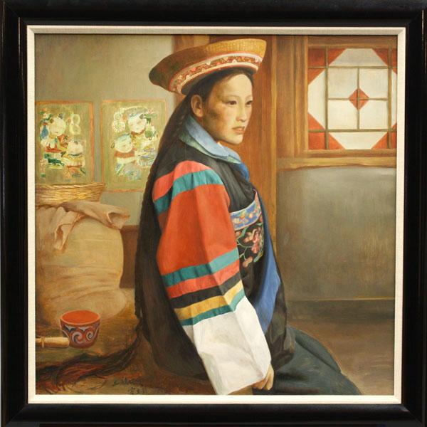 Oil on Canvas, Gong Lilong, Tu Lady,: Framed oil on canvas, Lady of the Tu Tribe (Tu zu gu niang), by Gong Lilong (Chinese, b.1953), lower left entitled, signed 'Gong Lilong', dated '1991.2', overall: 29.75''h x 29.5''w, sight: 24.8''h x 