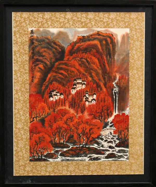 Chinese Painting, Li Keran(after), Red Landscape: Framed Chinese painting, Red Landscape, after Li Keran, ink and color on paper, upper left inscribed 'wan shan hong pian, ceng lin jin ran' (=ten thousand mountains are red, layers of forest are all d