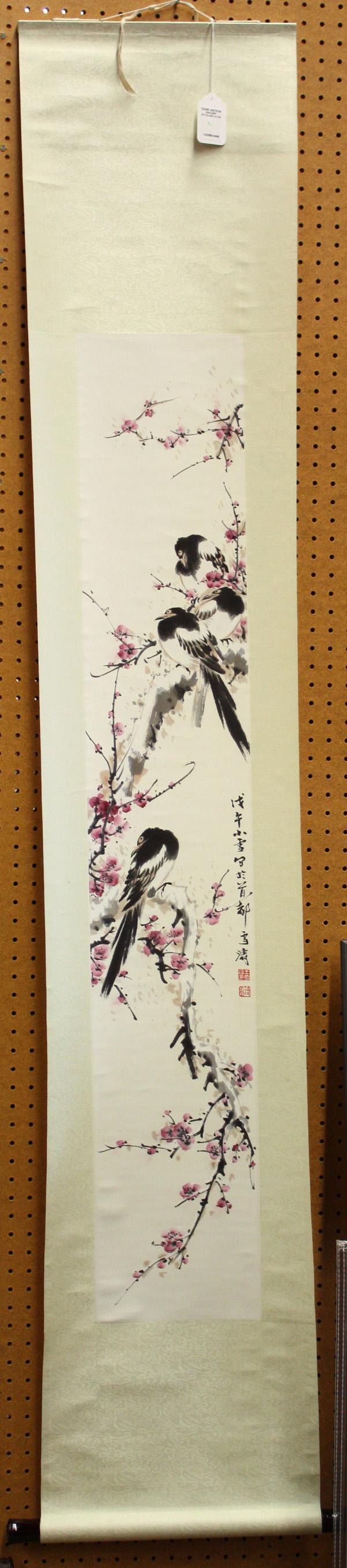 Chinese Scroll, Wang Xuetao(after), Magpie/Prunus: Chinese hanging scroll, Magpies and Prunus, after Wang Xuetao (1903-1982), ink and color on paper, right inscribed with cyclical date 'wuwu', bears the signature 'Xuetao' and two seals, overall: 81.75
