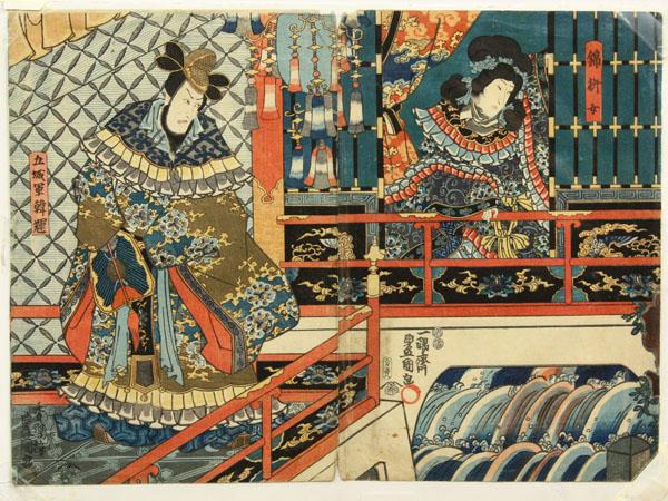 Two Japanese Woodblock Prints, Kunisada: Japanese woodblock prints, by Utagawa Kunisada (1889-1868), two sheet from a triptych set featuring a Chinese hero and beauty, signed Ichiyusai Toyokuni-ga, with two nanushi seals (1847-52) and publis