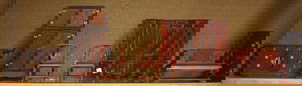 Chinese Doll Furniture/Furniture Models/Samples: (lot of 14) Large group of Chinese carved hardwood doll furniture (to scale)/furniture samples, including one zitan canopy bed, a pair of huali horseshoe back chairs, a mixed wood daybed, a mixed wood