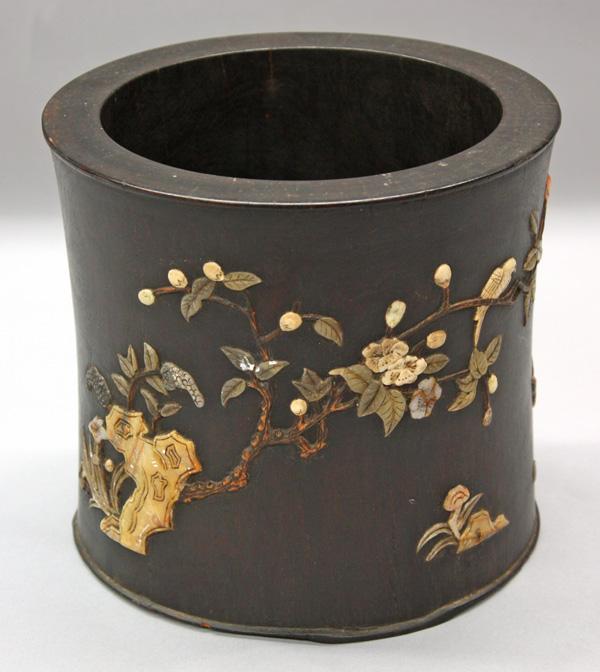 Soapstone Inlaid Chinese Hardwood Brush Pot: Chinese soapstone inlaid hardwood brush pot, the sightly waisted cylinder with soapstone inlays depicting a bird perched on a flowering branch and gazing at another bird in flight, inlaid with an apoc