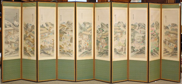 Korean Ten Panel Folding Screen, Signed, 20th C: Korean ten-panel folding screen, 20th century, featuring genre scenes of various activities in the Korean countryside, each with an ink inscription in Chinese characters, the last with a cyclical date