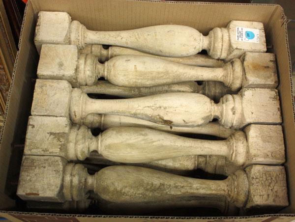 Victorian architectural elements: Victorian architectural elements, two boxes of approx. 40 block and turned Victorian supports having several coats of white paint, 17''l