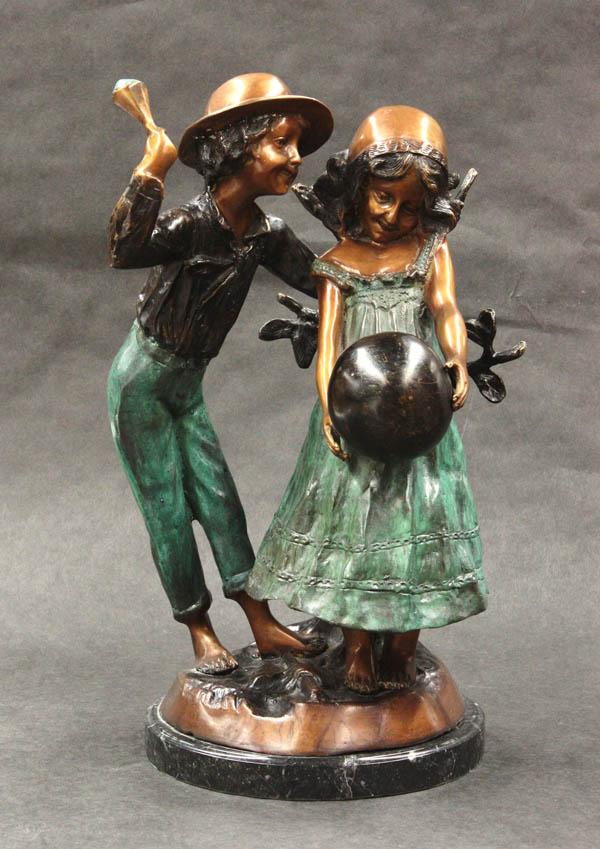 Patinated bronze of children at play: Patinated bronze of children at play, sculpture depicting young children in a playful pose, raised on a naturalistic base above a marble plinth, signed A. Moreau 18''h x 11''w