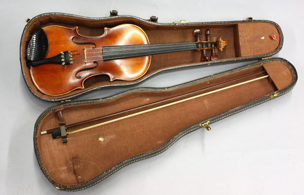 Anton Becker, Violin and Bow: Anton Becker, violin and bow, after Antonius Stradivarius, made in Germany, No. 1107, mahogany bow, ebony frog, inlaid with mother of pearl, with case