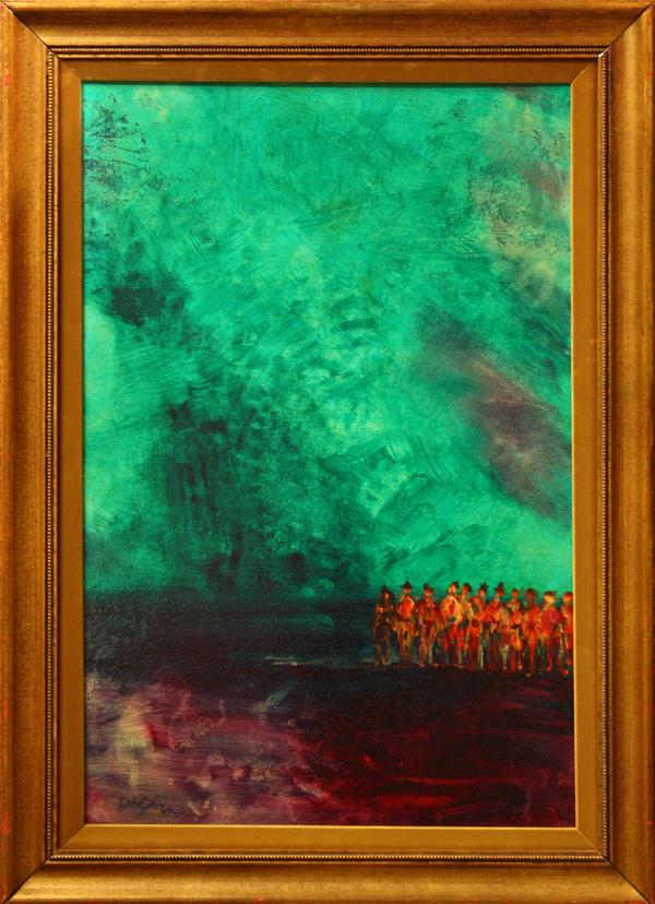 Painting, Pascal Cucaro, Figures on the Horizon: Frqamed oil on canvas, Figures on the Horizon against a Green Sky, by Pascal Cucaro (California, 1915-2004), signed lower right, overall: 43.25''h x 31.25''w