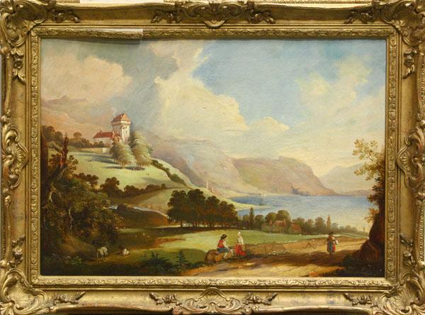 Painting, Peasants Along A Road: Framed oil on canvas, Landscape with Peasants Along a Road, 19th century, Continental School, signed indistinctly lower right (TB Shurt?), overall: 26''h x 36''w