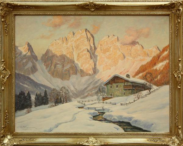 Painting, Erwin Kettemann, Winter Cortina Pomagagn: Framed oil on canvas, ''Winterabend bei Cortina m. Pomagagnon (Dolomiten)'' (Winter Evening at Cortina, Italy with Mount Pomagagnon, Dolomiten), by Erwin Kettemann (German, 1897-1971), signed and insc