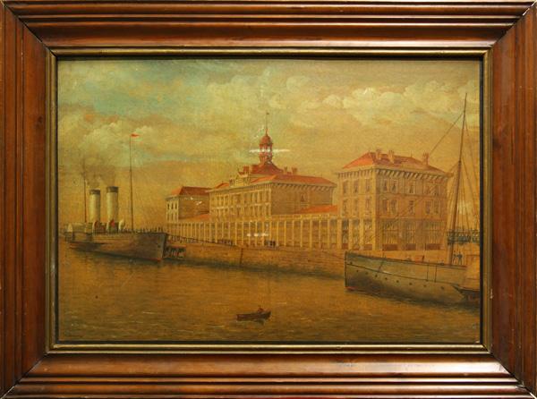 Watercolor, Harbor Scene: Framed watercolor on board, Harbor Scene, 19th century, Continental School, signed indistinctly lower left, overall: 29''h x 39''w