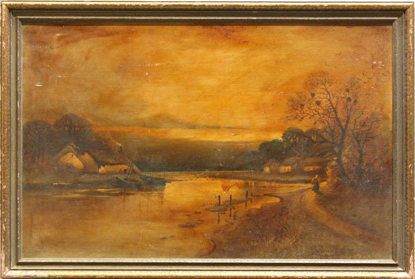 Painting, Village on a Lake with a Boat: Framed on canvas, Village on a Lake with a Boat, mid/late 19th century, Continental School, signed indistinctly (El Scuvell?) lower right, overall: 20.75''h x 31''w